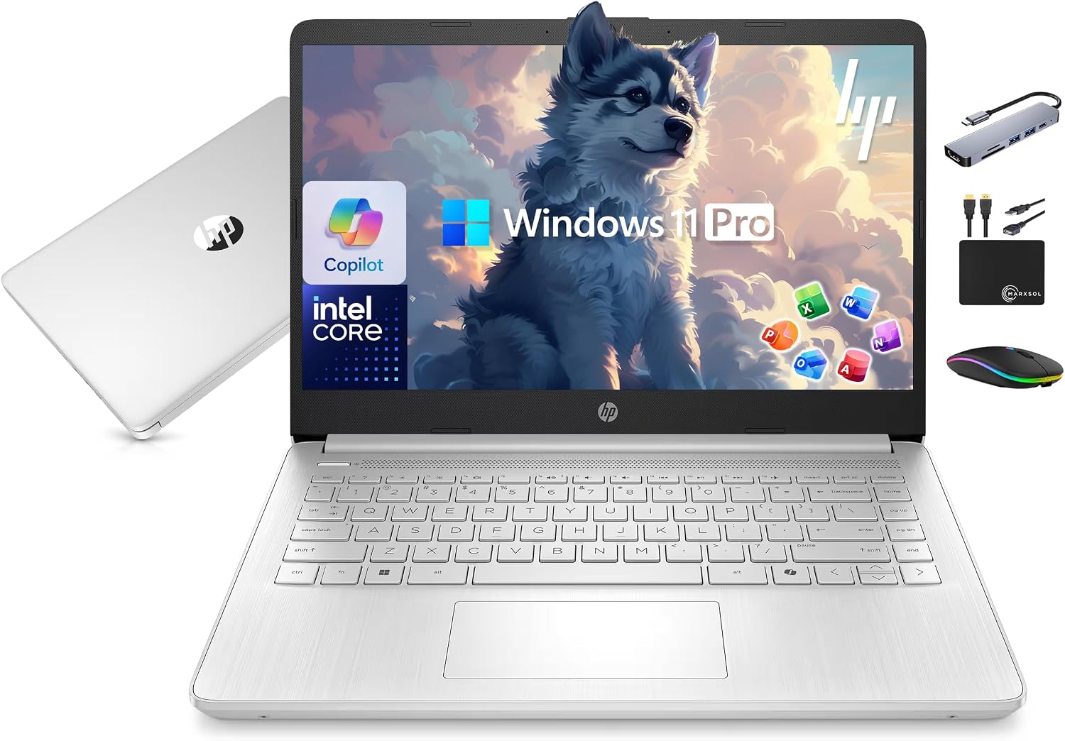 HP 14' Laptop Computer 2025-2026 Business Student, Copilot AI, Lifetime Office, 4-Core Intel CPU, 8GB RAM, 628GB Storage (128GB UFS +500GB Ext), Wi-Fi 6, 10+ Hrs, MarxsolAccessory, Win 11 Pro, Silver