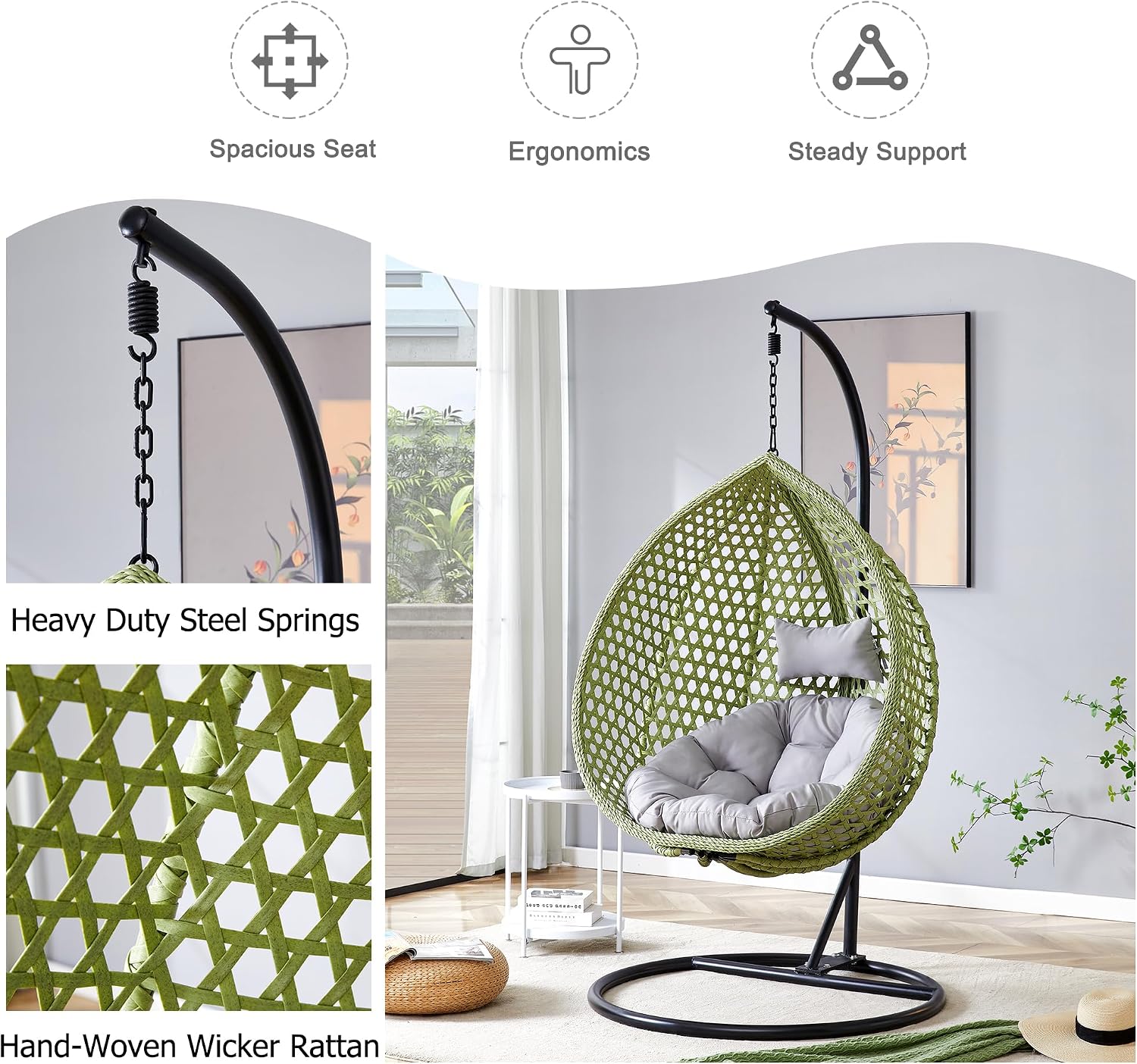 Egg Swing Chair Outdoor with Stand, Hanging Egg Rattan Basket Chair with Cushion and Pillow, Swinging Egg Chair, Foldable Basket and Metal Stand for Porch, Patio, Bedroom, Balcony,Yard (Green)