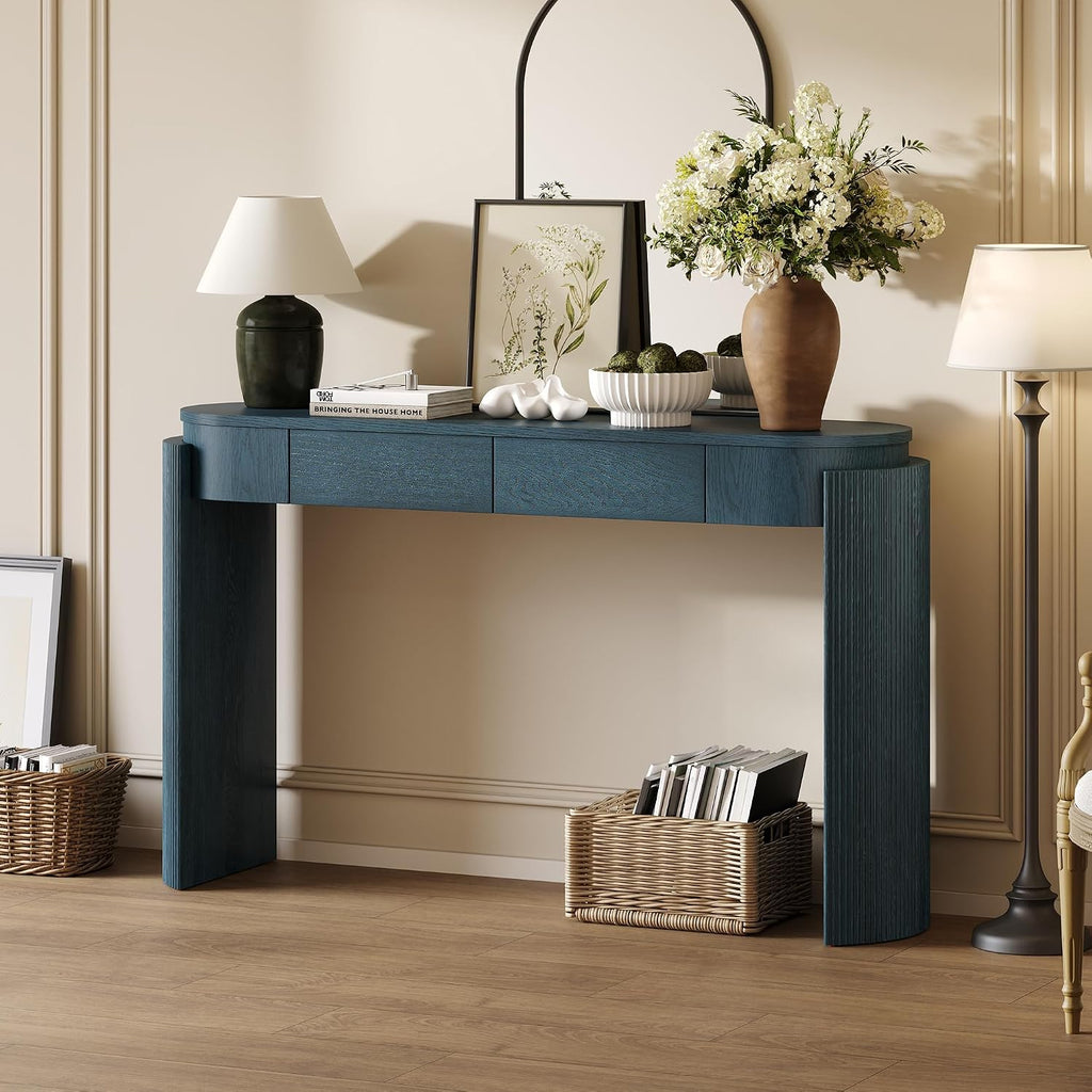 LKTART 55' Sofa Table with Oval Top and 2 Drawers, Entryway Console Table with Fluted Design for Hallway,Foyer,Entry and Living Room (Easy Assembled-Navy)