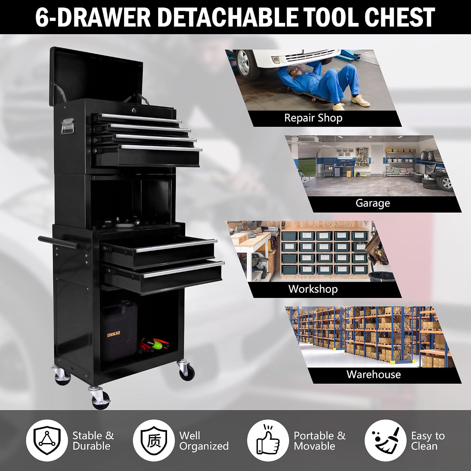 6-Drawer Tool Chest, 3-in-1 Rolling Tool Box with Detachable Top Toolbox & Key Lock,Tool Cabinet with Protective Liner & Universal Lockable Wheels,Metal Storage Cart for Garage,Workshop (Black)