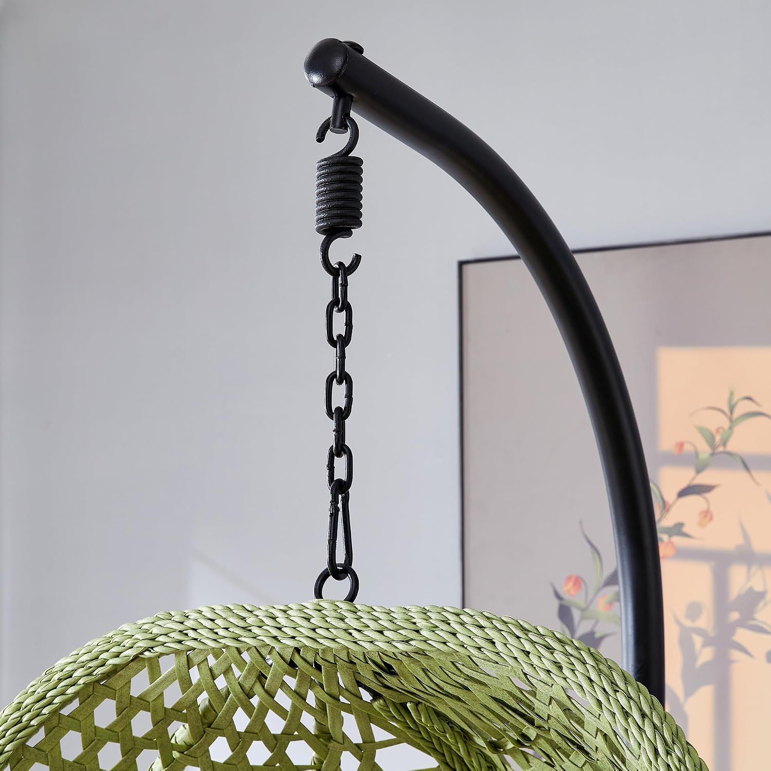 Egg Swing Chair Outdoor with Stand, Hanging Egg Rattan Basket Chair with Cushion and Pillow, Lounge Chair, Foldable Basket and Metal Stand for Porch, Patio, Bedroom, Balcony,Yard (Green)