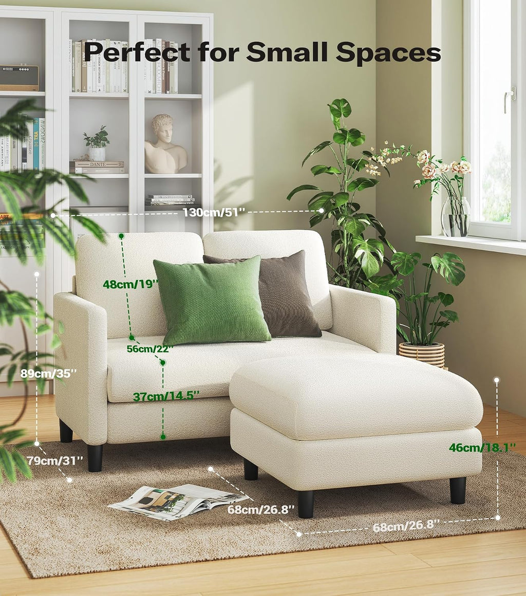Welzona Loveseat, 51' Small L Shaped Couch, Comfy Teddy Love Seat with Ottoman Set, Tool-Free Setup Loveseat Sofa with Ottoman, All-Wood Small Sofa Couch for Bedroom, Couch for Living Room, Beige