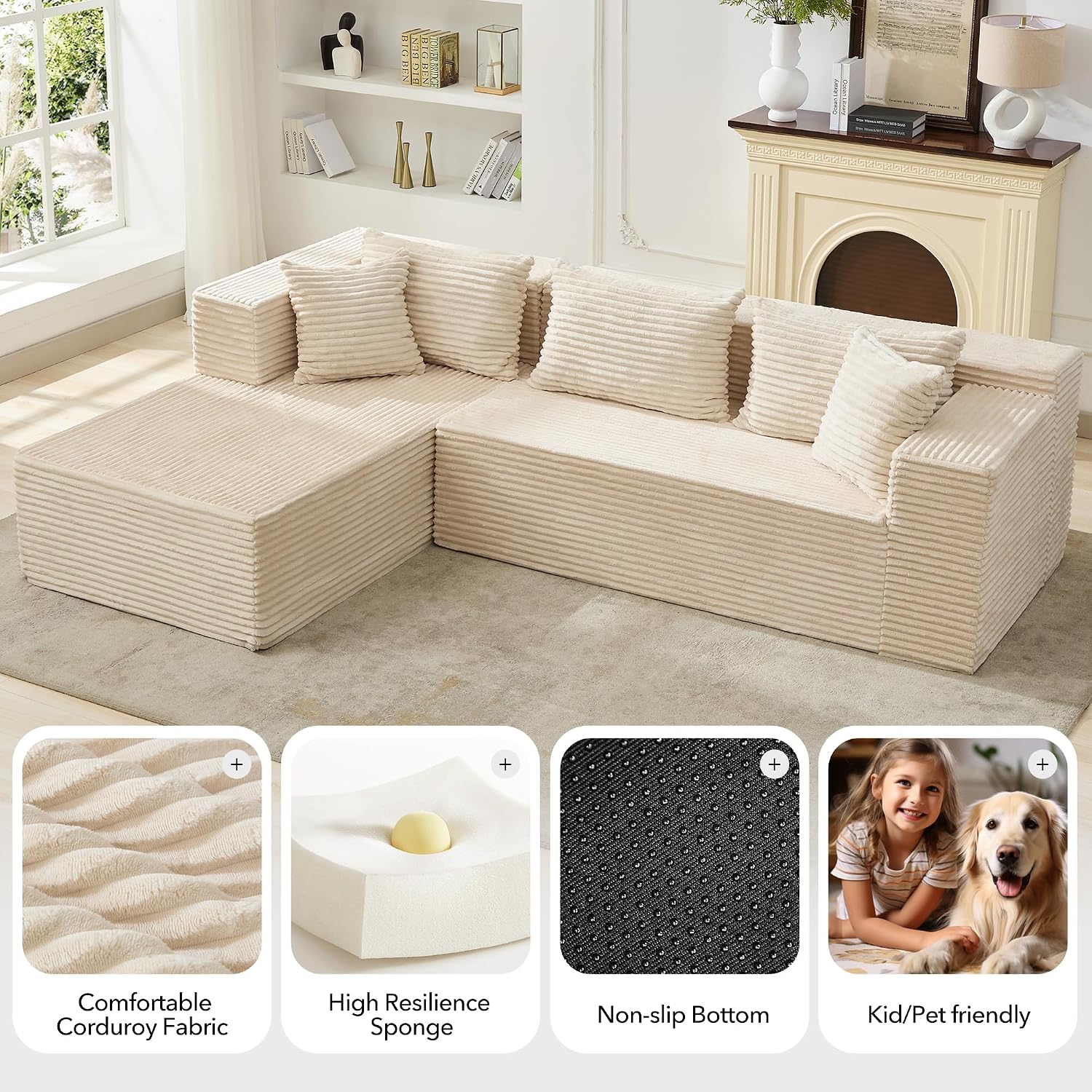 Modular Sectional Sofa Cloud Sectional Couch, 106' Comfy L Shaped Black Couches for Living Room,Oversized Sofa Sleeper with Deep Seat, No Assembly Required