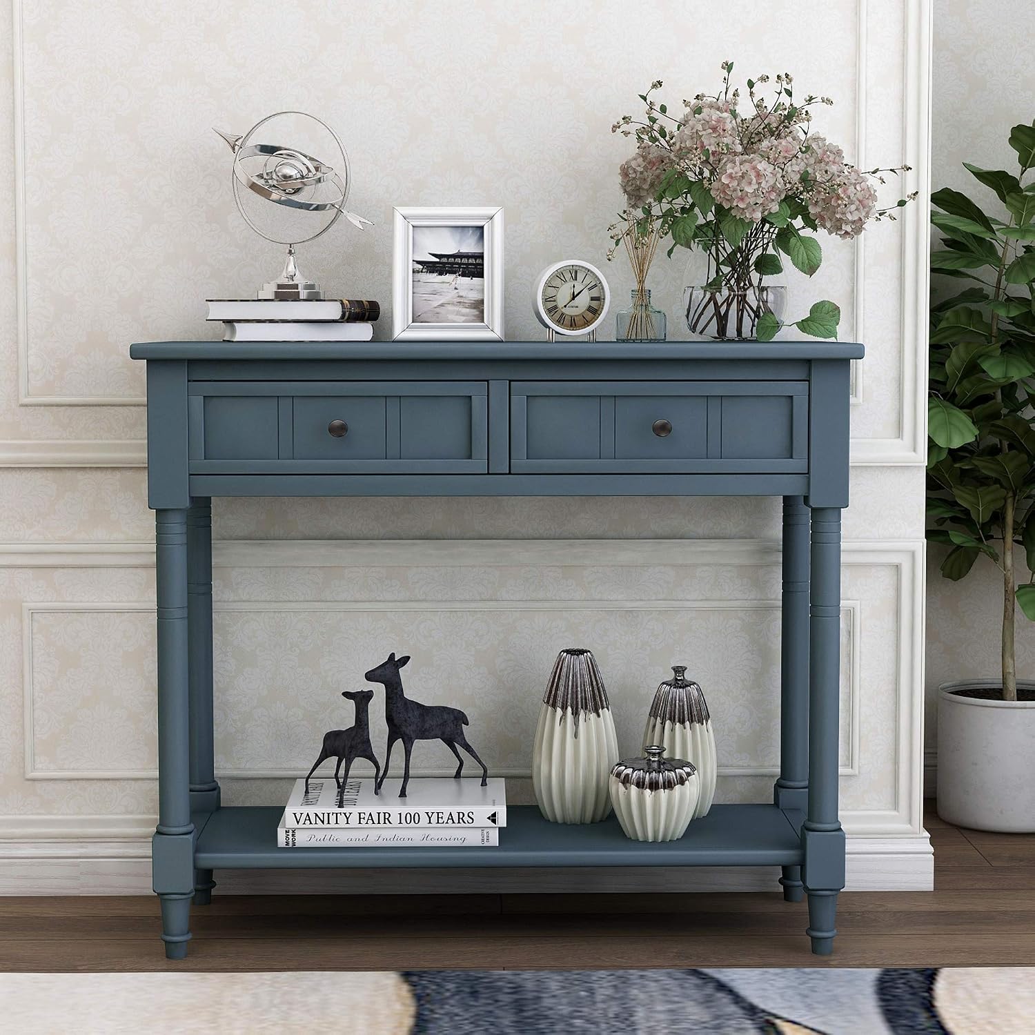 Bellemave Console Table with Drawers, Retro Entryway Table with 2 Drawers and Open Storage Shelf, Narrow Long Sofa Table, Behind Couch Table for Living Room, Foyer and Hallway,Navy