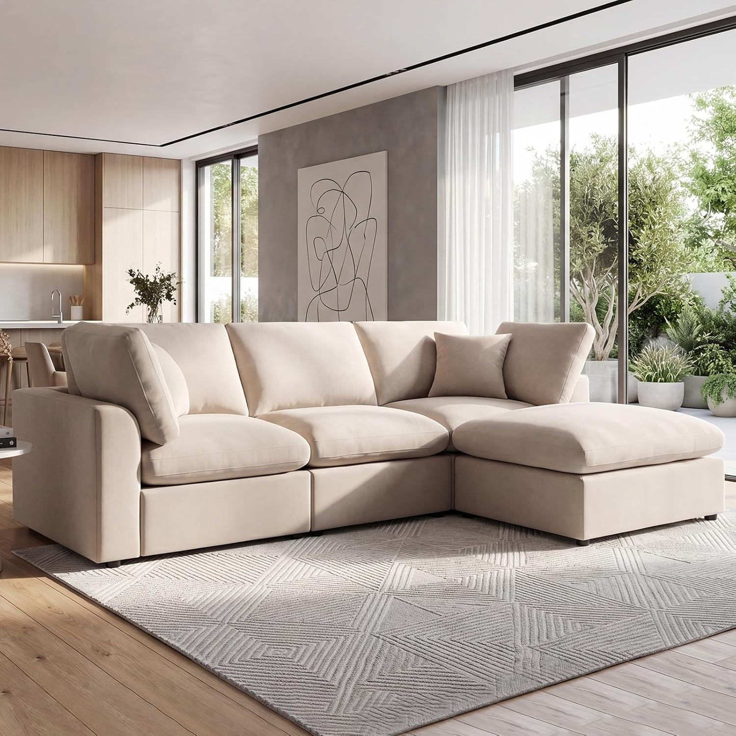 L-Shaped Modular Sectional Sofa, Modern Cloud Couch with Ottoman, 3-Seater Corner Sofa, Deep-Seated Sofas for Living Rooms, Bedroom and Apartment, Beige - Chenille
