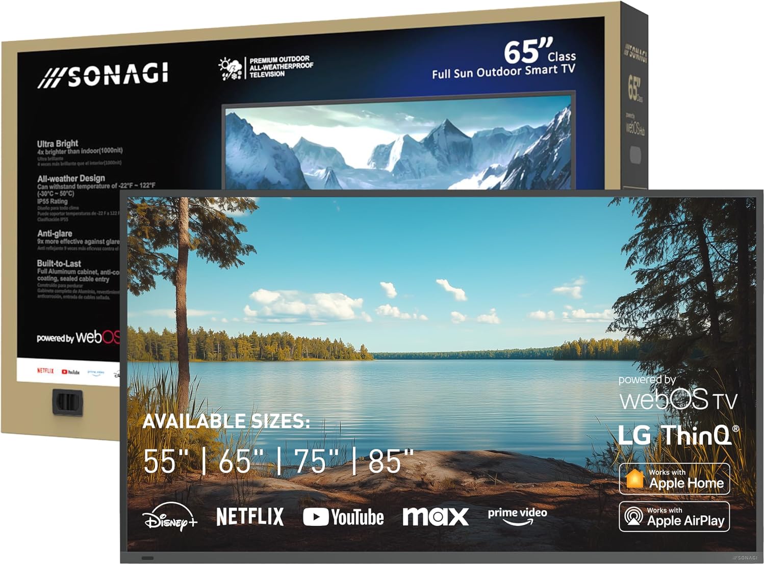 SONAGI Helios 65' Outdoor TV - Anti-Glare, IP65 Water, Dust Resistant Television with 1000-Nit Brightness for Direct Sun All Weather Viewing - Weatherproof 4K UHD Smart TV for Patio and Outside