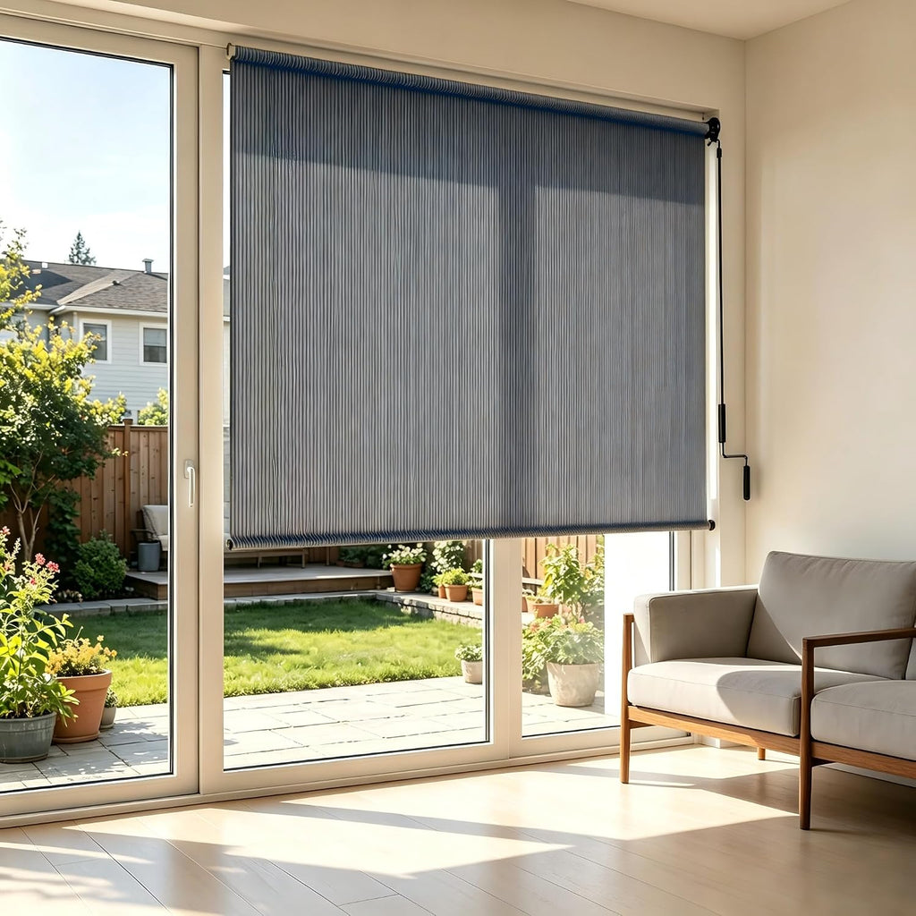 Shade&Beyond Custom Size Outdoor Roller Shade 30' W x 84' H, Grey Cordless Patio Shades Roll Up Outside Blinds for Porch Pergola Gazebo