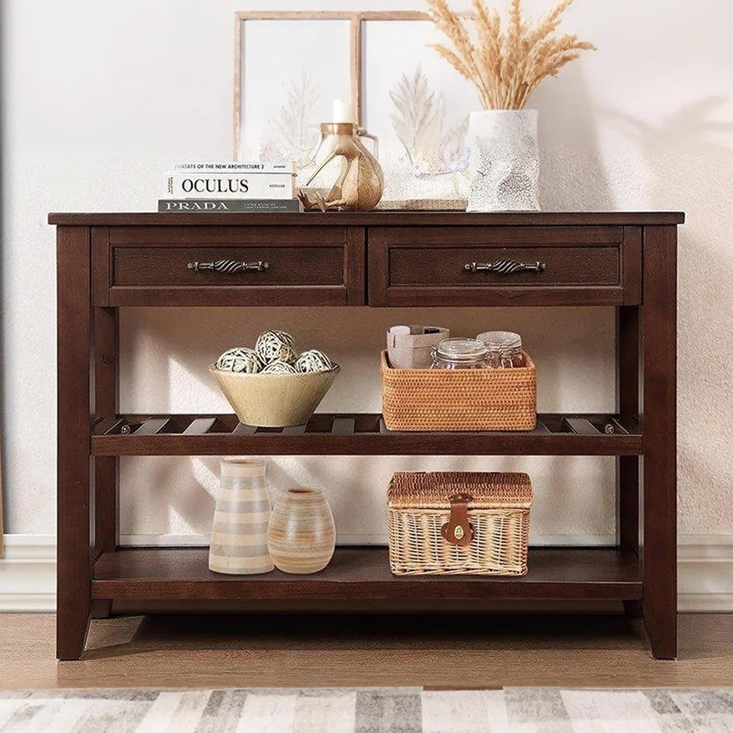 LKTART Solid Wood Console Table Sofa Tables with Drawers and Shelves Small Entryway Table for Living Room,Behind the Couch Table,Foyer(42' Espresso)