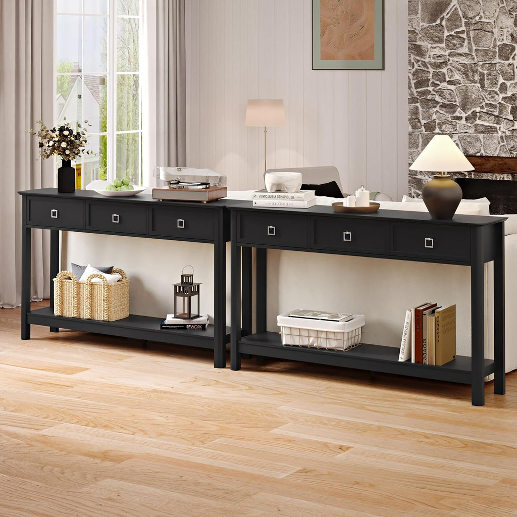 Treocho 53.1' Console Table with 3 Drawers, Modern Entryway Table, 2-Tier Narrow Long Sofa Table Behind Couch Table for Living Room, Hallway, Black