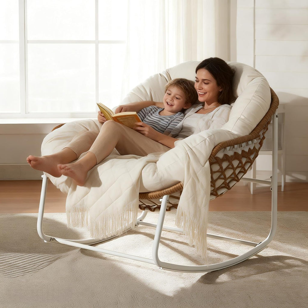 YDcosyfy Oversized Outdoor Papasan Rocking Chair with Soft Cushion, Comfy Patio Egg Chair, Wicker Lounge Rocker for Balcony/Porch/Garden, Reinforced All Weather Rattan Frame, 330 lbs Support, Cream