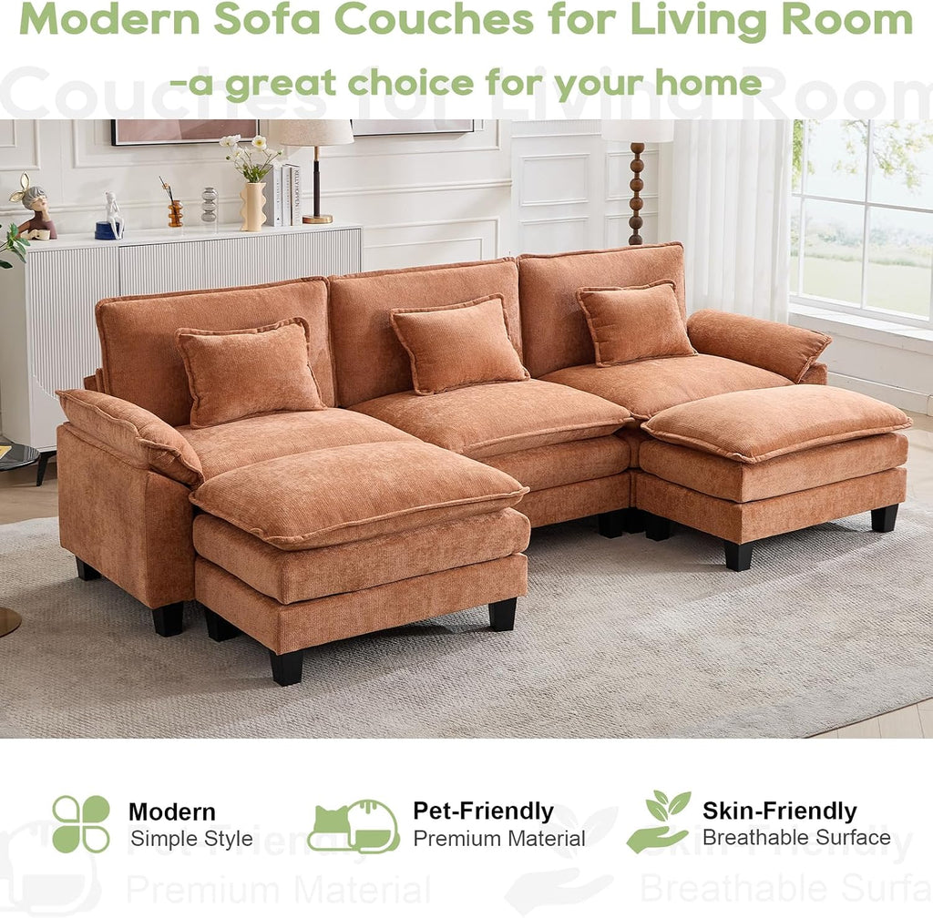 Oprisen 120' Modular Sectional Sofa, Comfy Cloud Couch Sectional Sofa with Ottoman, Chenille Sofa Sleeper Deep Seat Sofa with Throw Pillows for Living Room (Orange, 120'- U Shape)