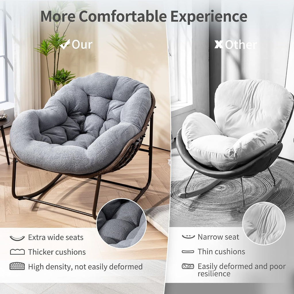 HOMEFUN Outdoor Patio Rocking Chairs, Oversized Papasan Rock Chair Indoor with Teddy Padded Cushion - Rocker Egg for Front Porch, Garden, Backyard Dark Gray