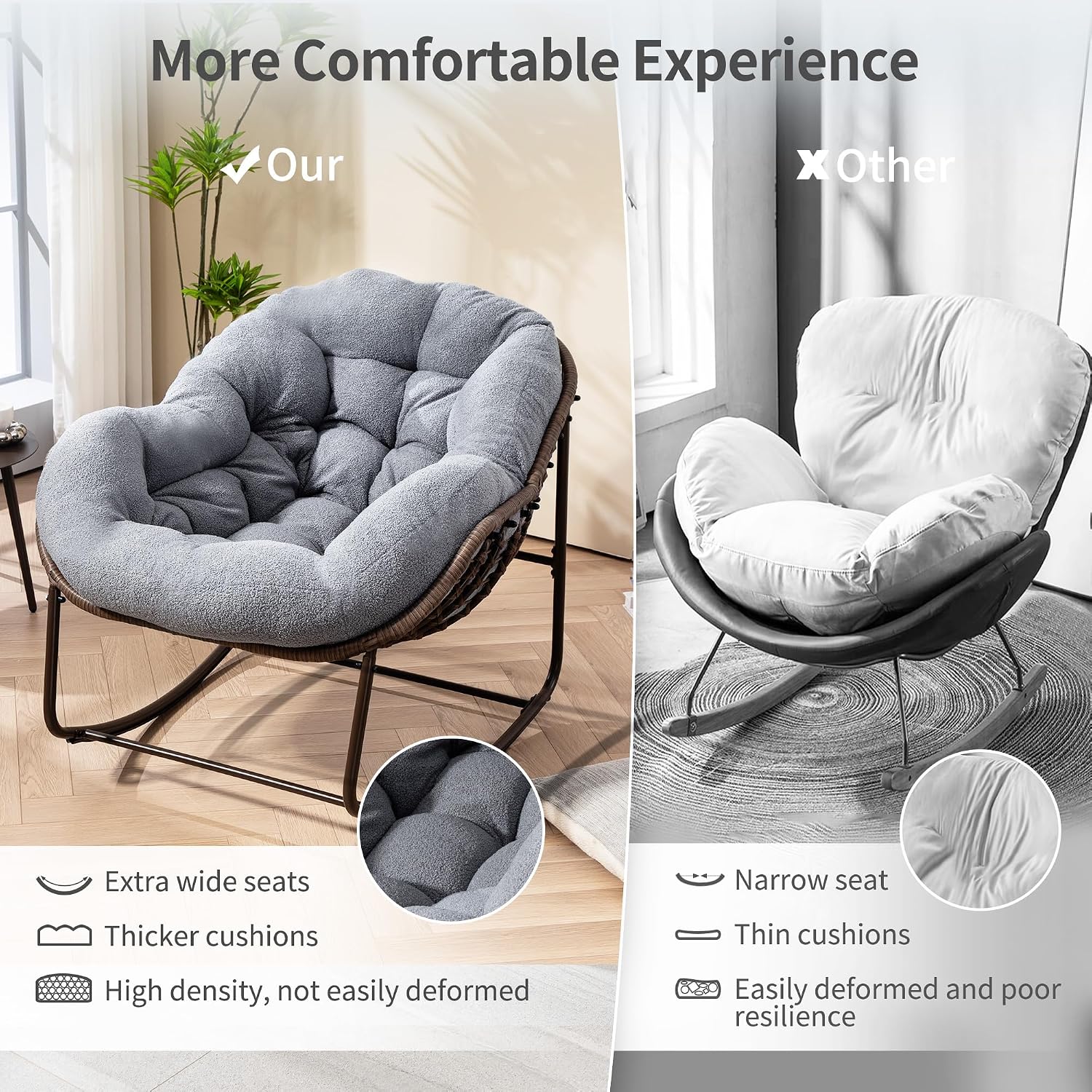 HOMEFUN Outdoor Patio Rocking Chairs Set of 2, Oversized Papasan Rock Chair Indoor with Teddy Padded Cushion - Rocker Egg Seat for Front Porch, Garden, Backyard Dark Gray