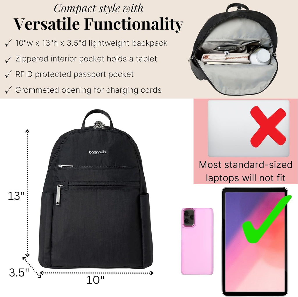 Baggallini Securtex® Anti-theft Vacation Travel Backpack 10x13 Slash-Resistant Nylon Daypack w/RFID, Black