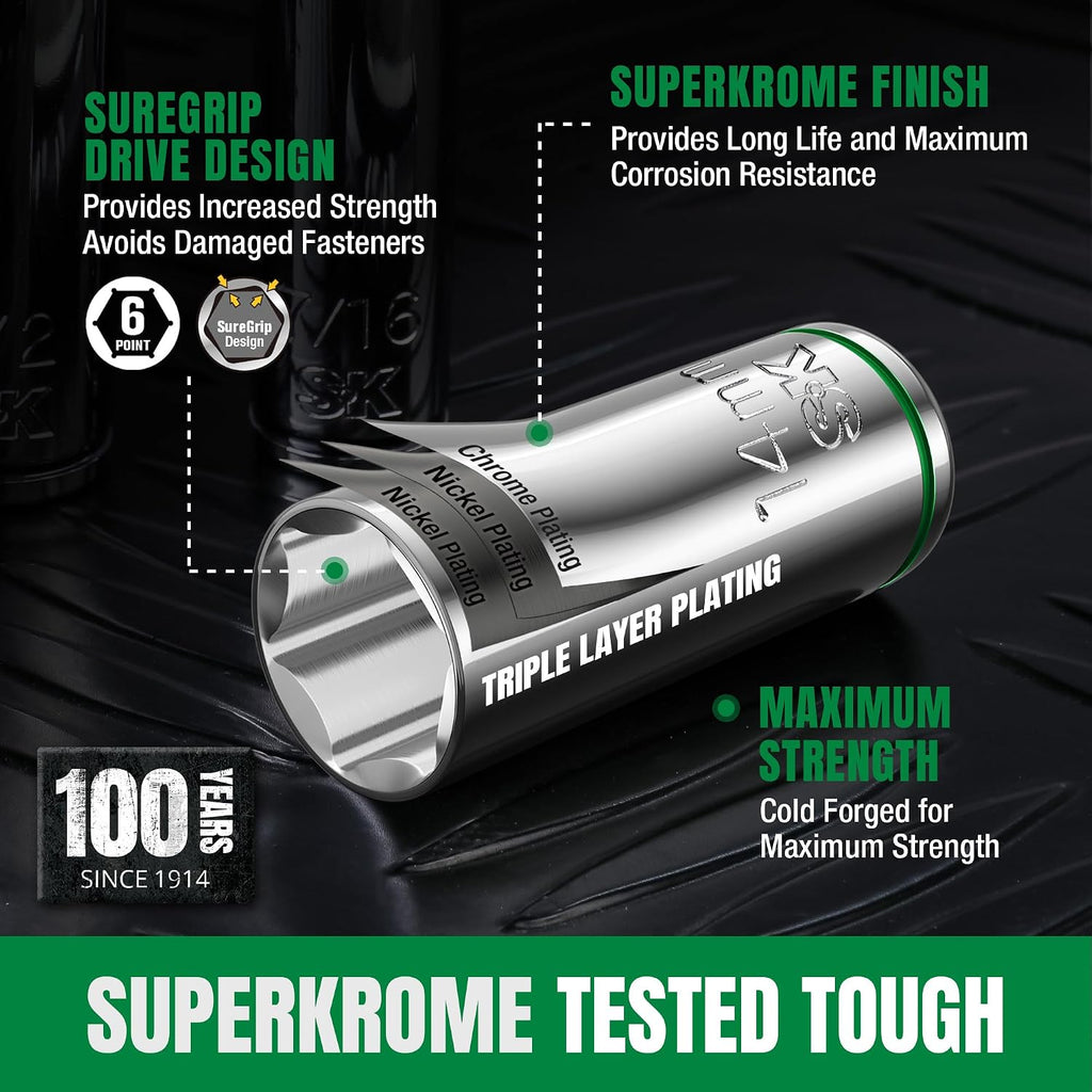 SK 3/8' Drive Socket Set with 216-P Ratchet, 55-Piece, SAE & Metric, SuperKrome Finish, Premium CR-V Construction, with Storage Suitcase