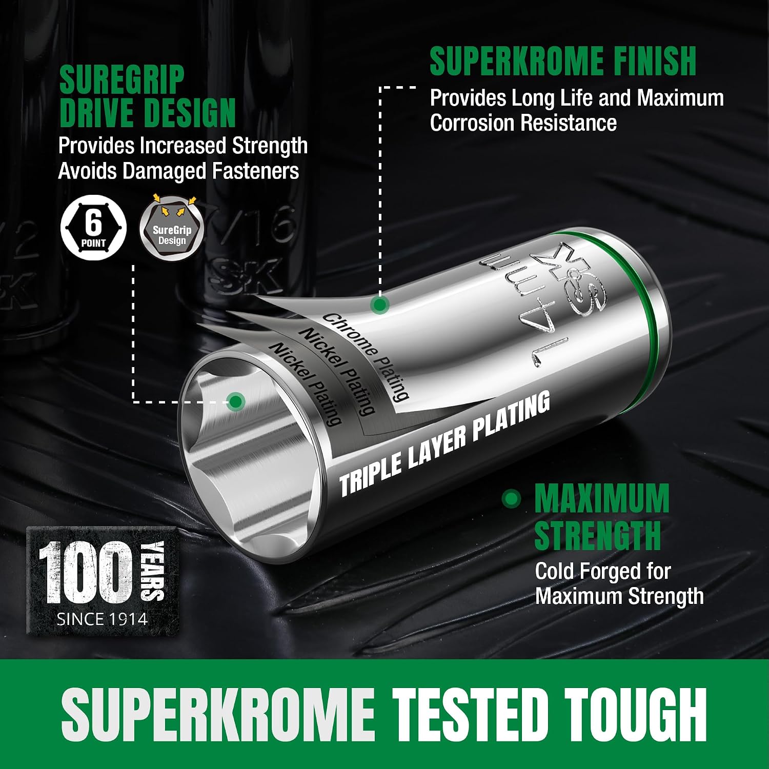SK 3/8' Drive Socket Set with 216-P Ratchet, 55-Piece, SAE & Metric, SuperKrome Finish, Premium CR-V Construction, with Storage Suitcase