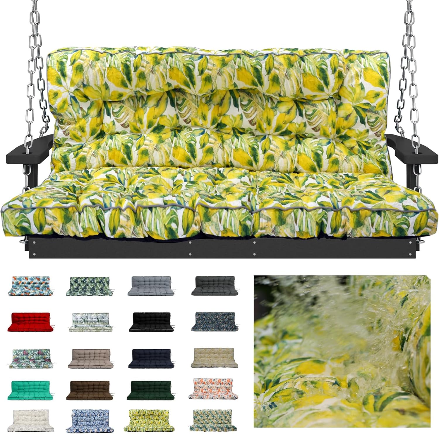 Waterproof Porch Swing Cushion Replacement, 2–3 Seat Swing Seat Cushion with Backrest & Ties, Thick Outdoor Bench Cushion for Patio Garden Porch (Botanical Yellow, 40 x 63 in)