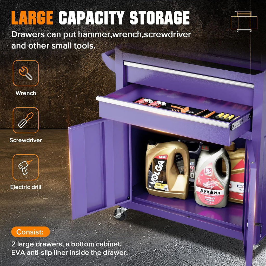 Crownland 8-Drawer Rolling Tool Chest with Wheels, Lockable 2 in 1 Detachable Tool Cabinet wit Drawers and Side Hooks, Garage Top Toolbox & Bottom Storage Cart(Purple)
