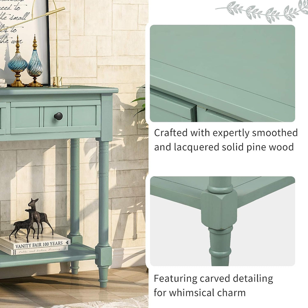 Bellemave Console Table with Drawers, Retro Entryway Table with 2 Drawers and Open Storage Shelf, Narrow Long Sofa Table, Behind Couch Table for Living Room, Foyer and Hallway, Retro Blue