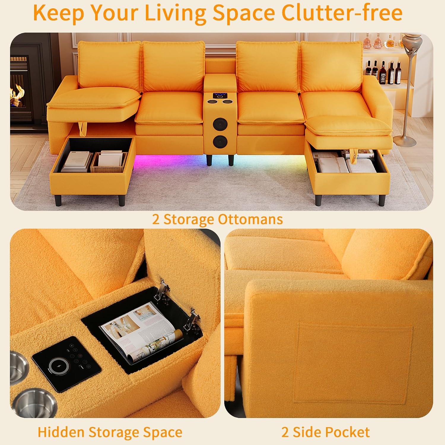 Sectional Couches for Living Room, 4 Seat Sectional Sofa with Smart Module-Bluetooth Speaker/RGB Light/Charging Station, Teddy Fleece U Shaped Cloud Couch with Storage Ottoman (Yellow)