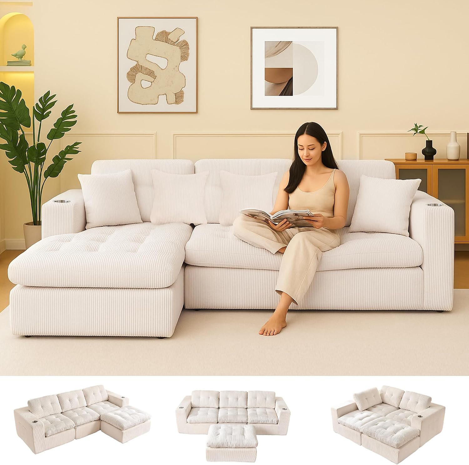Black L Shaped Modular Cloud Sectional Sofa, Comfy 3 Seater Sectional Couches for Living Room with Cup Holders, Modern L Shape Sofa Set for Living Room Bedroom (Beige)