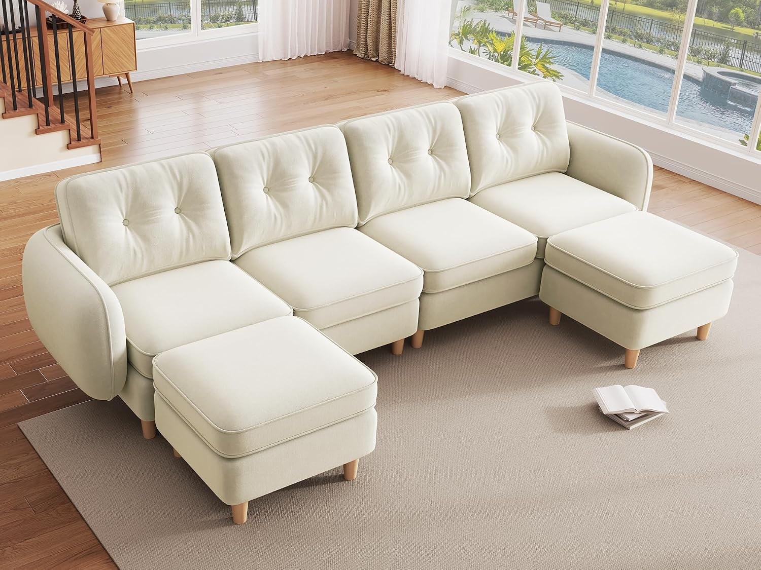 DWVO 107'' Modular Sectional Sofa, 6-Seater Sectional Couch with Curved Armrests and 4 Pillows, Convertible U Shaped Couch with High-Density Memory Foam for Living Room, Beige