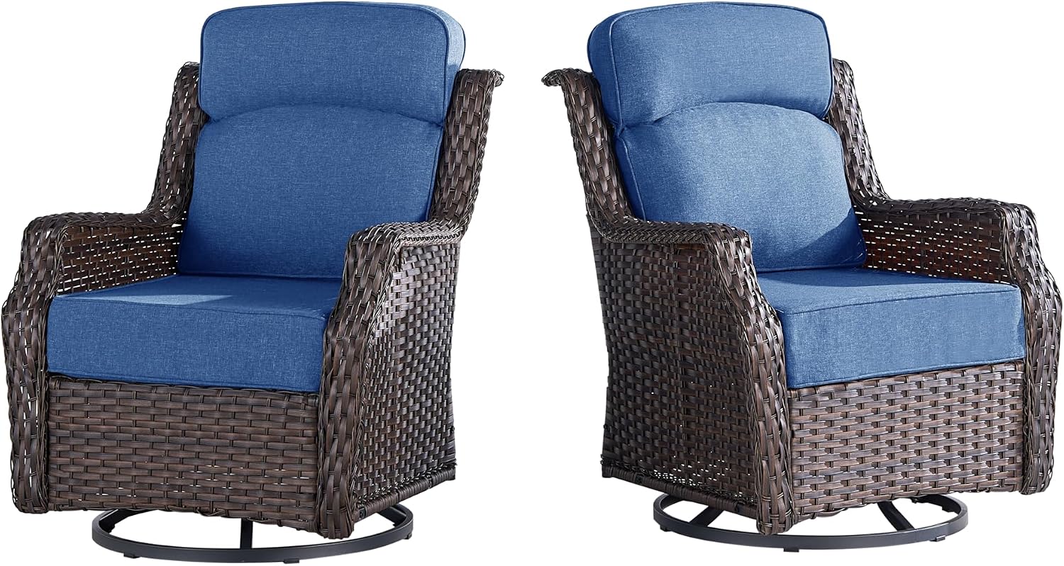 Outdoor Wicker Swivel Rocker Chair with 6-Inch Thick Cushions, High Back Patio Glider Chair, 360° Swivel & Rocking Motion for Porch, Deck, Balcony, Poolside, Brown/Blue