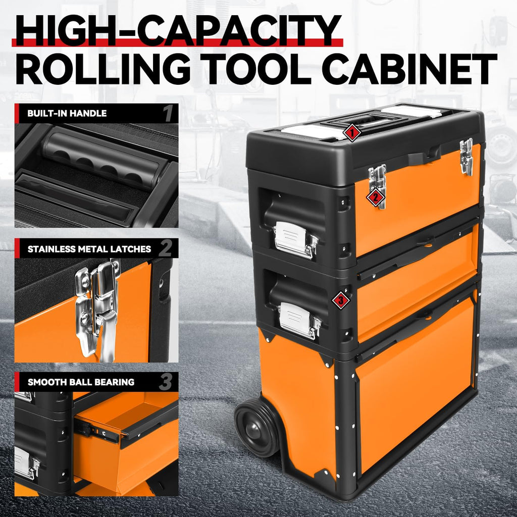 Auto Dynasty Stackable Tool Box 3-Tier Tool Separate Organizer Rolling Tool Chest with Wheels 3-in-1 Upright Trolley for Garage or Workshop, Orange
