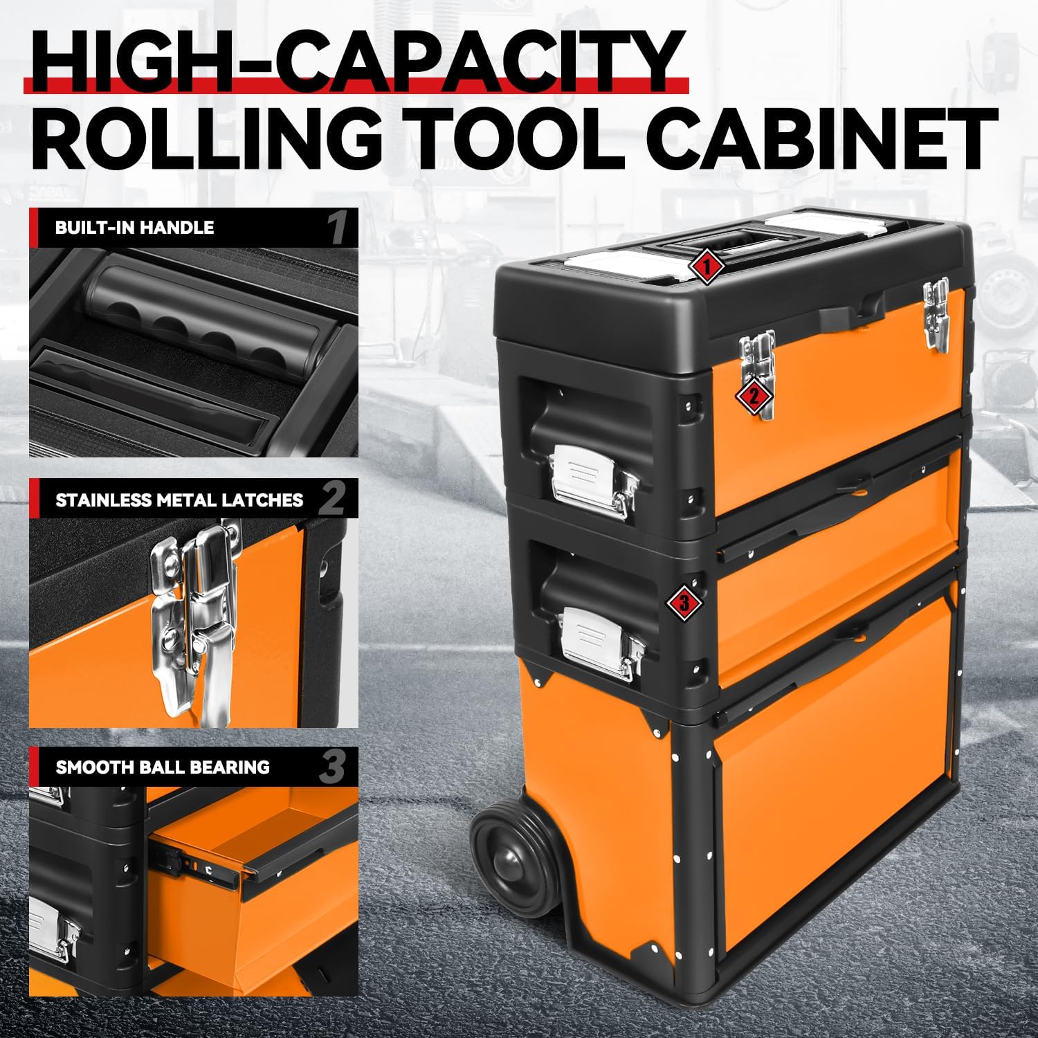 Auto Dynasty Stackable Tool Box 3-Tier Tool Separate Organizer Rolling Tool Chest with Wheels 3-in-1 Upright Trolley for Garage or Workshop, Orange