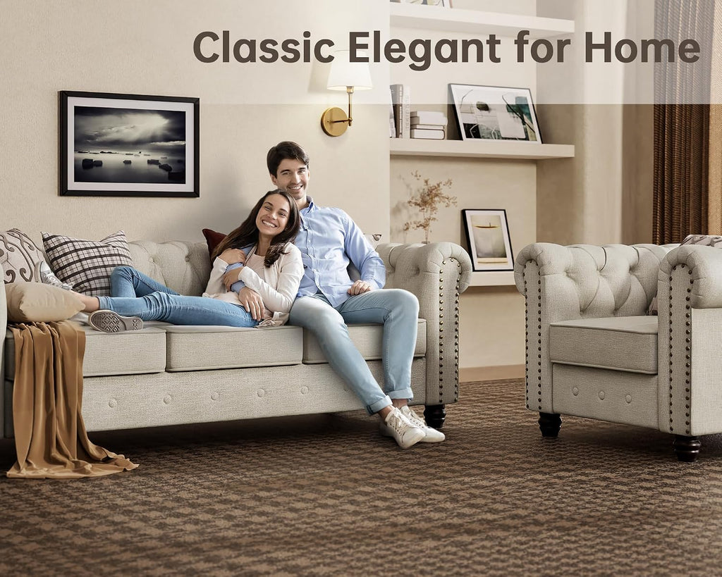 Morden Fort Classic Chesterfield Sofa Chair Set, Tufted Arm Chair Sofa with Solid Wood Legs Thick Cushion, Pet-Friendly Sofa Couch Chair for Living Room Bedroom Reading Room - Linen Beige