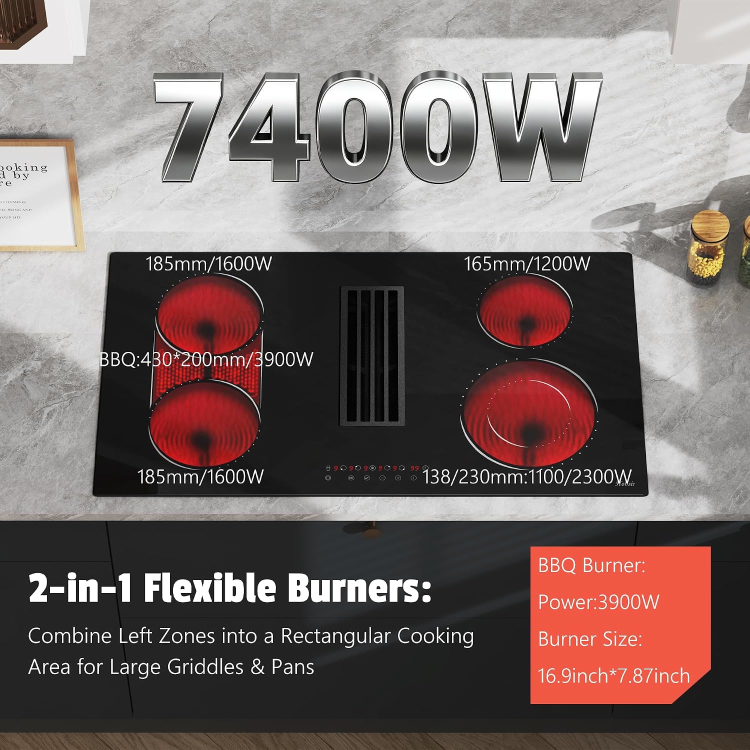 Hobsir 36 Inch Electric Cooktop with Downdraft Extractor, 4 Burners Glass Radiant Stovetop 7400W, 9 Power Levels, Cook top with BBQ, Timer, Pause, Safety Lock, 240V(No Exhaust Pipe Required)
