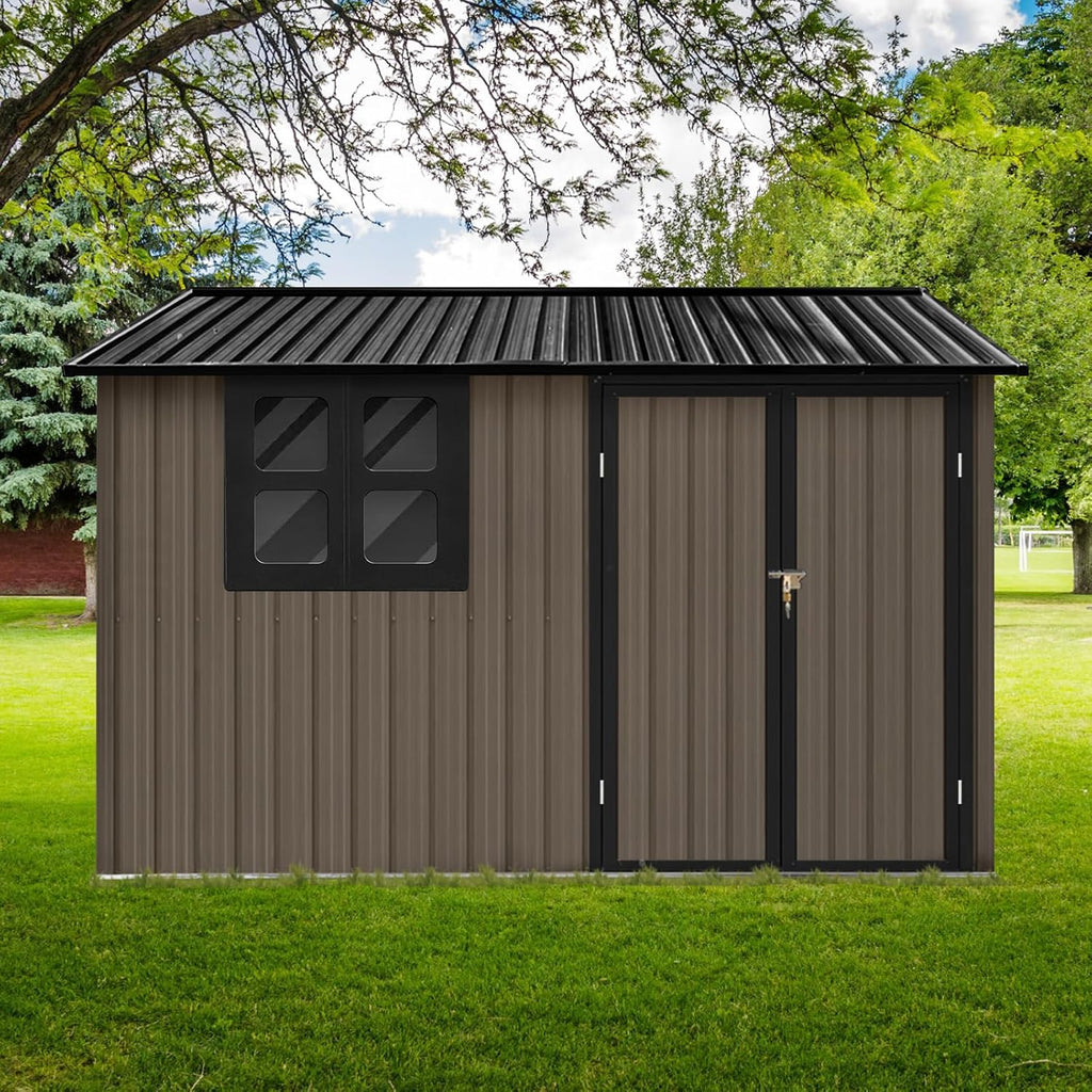 Ball & Cast 6x8 FT Metal Frame Garden Sheds with Lockable Doors and Window,Outdoor Single-Storey Roofed Storage Shed,w/Waterproof Roofs,for Storing Bicycles,Lawnmowers,Barbeques,Brown