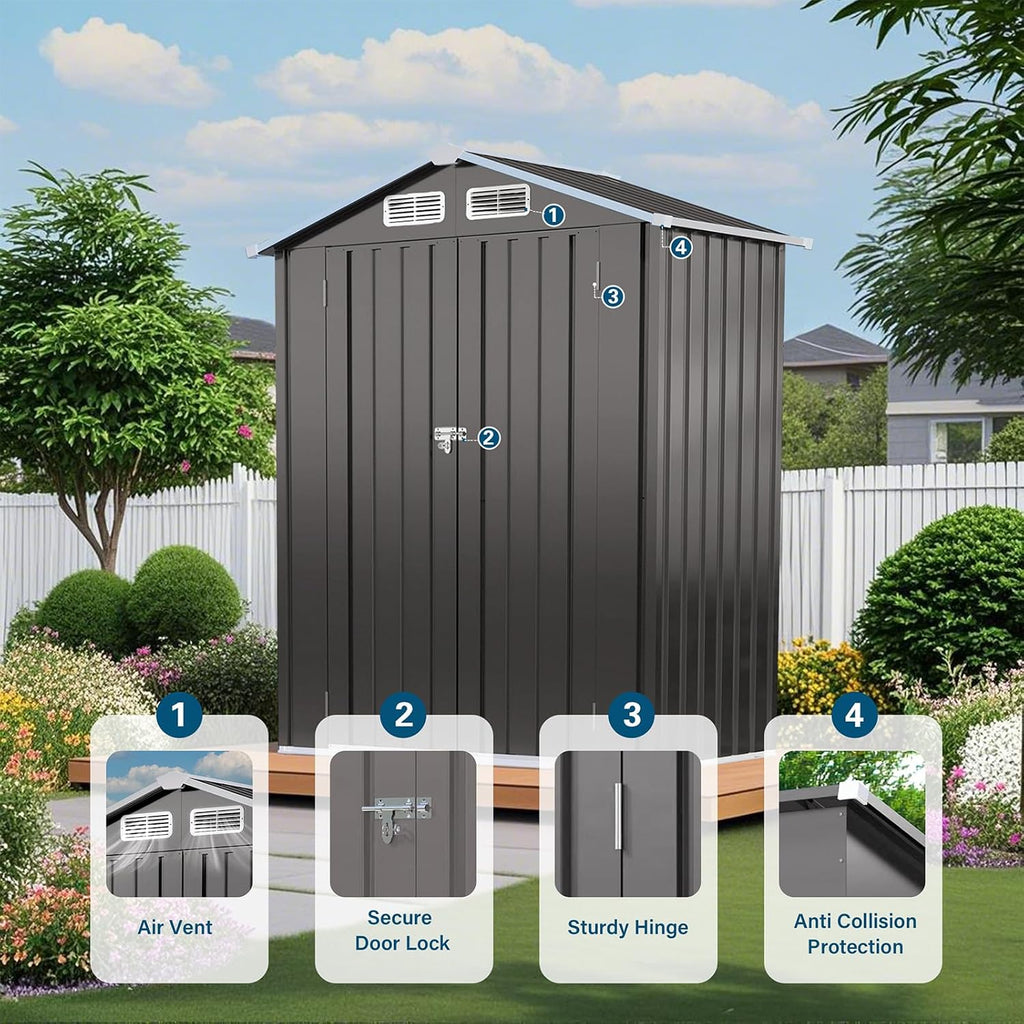 Outdoor Storage Shed 5 x 3 FT Metal Tool Shed with Peaked Roof, Compact Metal Garden Shed Anti-Corrosion Storage House with Lockable Door for Backyard, Patio, Sundries, Gray (Peaked roof)