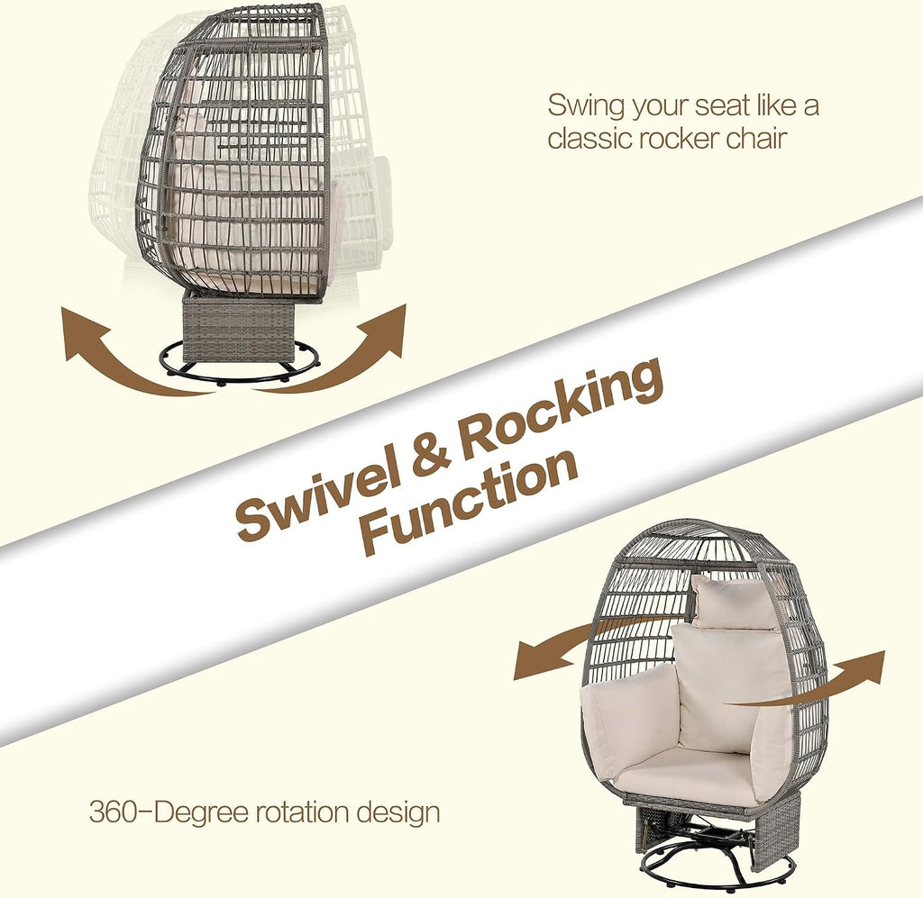 Outdoor Swivel Chair with Cushions, Rattan Egg Patio Chair with Rocking Function for Balcony, Poolside and Garden
