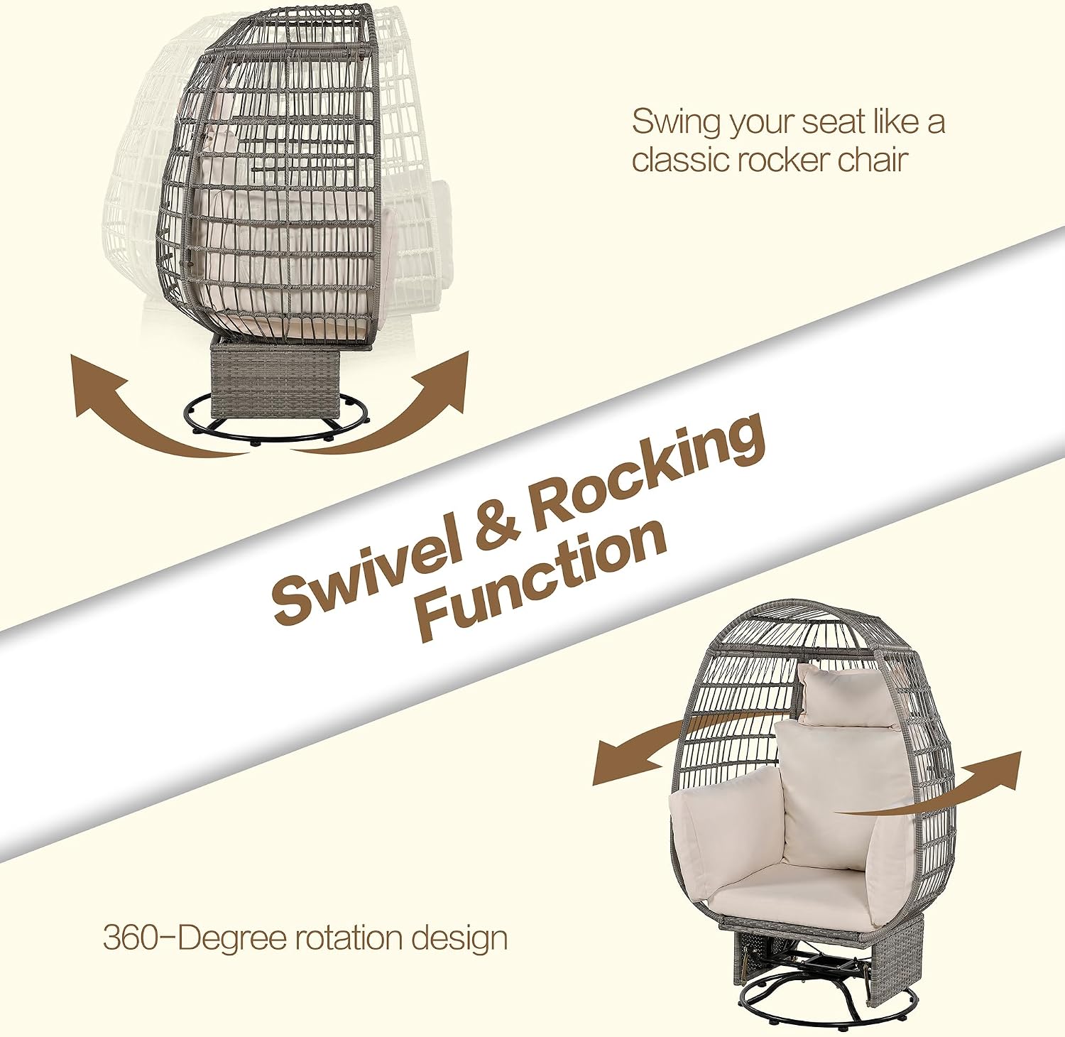 Outdoor Swivel Chair with Cushions, Rattan Egg Patio Chair with Rocking Function for Balcony, Poolside and Garden