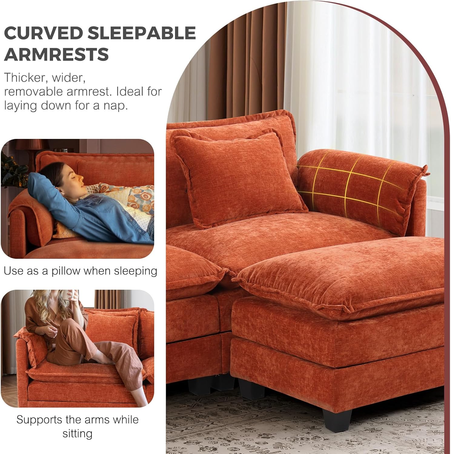 ELUCHANG Oversized 79' Modular Sectional Sofa Bed, Comfy Cloud Couch for Living Room, Modern Sofa with 2 Ottoman, Apartment Couch, DIY Combination - Chenille Terracotta