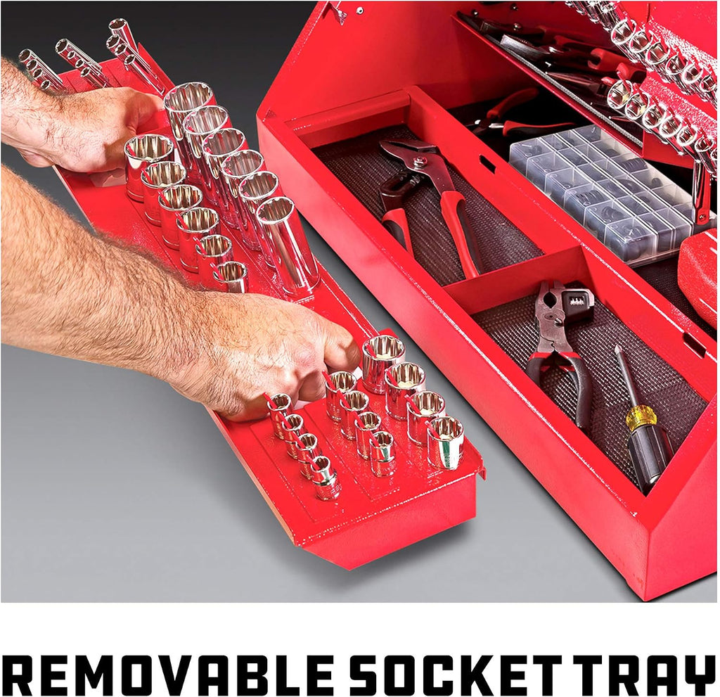 Powerbuilt 26 Inch Portable Slant Front Rapid Toolbox Tiered Stairstep Tool Holders, 16 Gauge Steel, Chrome Hardware, Weather-Resistant Lockable Polymer Lid, Red, 240311