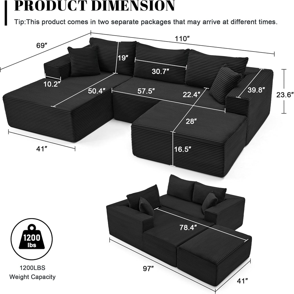 Mangodan 110' Cloud Sectional Couch, Modular Sectional Sofa with Deep Seat, Boneless Sofa for Living Room, Fluffy Comfy U-Shaped Couch with Left Facing Chaise, No Assembly Required, Black