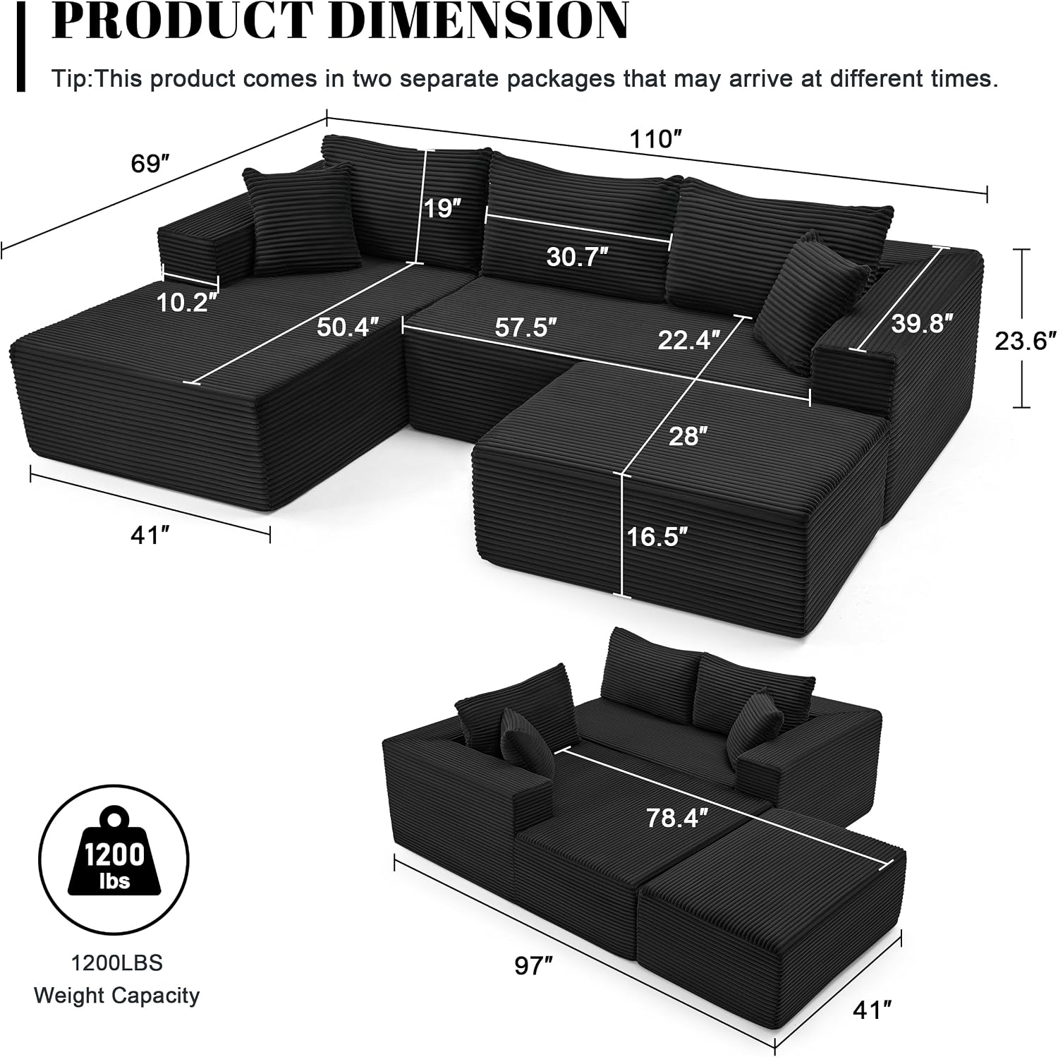 Mangodan 110' Cloud Sectional Couch, Modular Sectional Sofa with Deep Seat, Boneless Sofa for Living Room, Fluffy Comfy U-Shaped Couch with Left Facing Chaise, No Assembly Required, Black