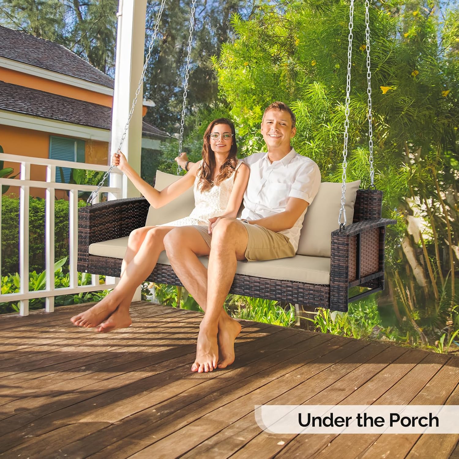 VINGLI Heavy Duty 800 LBS Wicker Hanging Porch Swing with Cushions & Chains, 5FT Outdoor Rattan Swing Bench for Garden, Yard, Lawn (Brown)