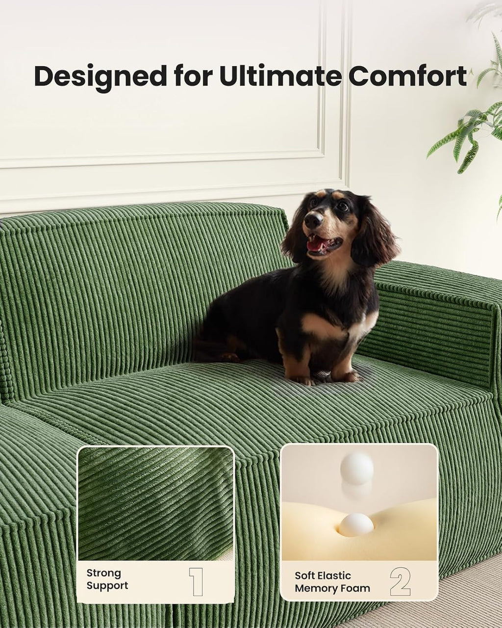 Amada 110' Cloud Sectional Couch with L-Shape Chaise&Movable Ottoman,Modern Modular Sofa with Deep Seat, Boneless Sofa,Couches for Living Room Bedroom,No Assembly Required, Green(Corduroy Fabric)