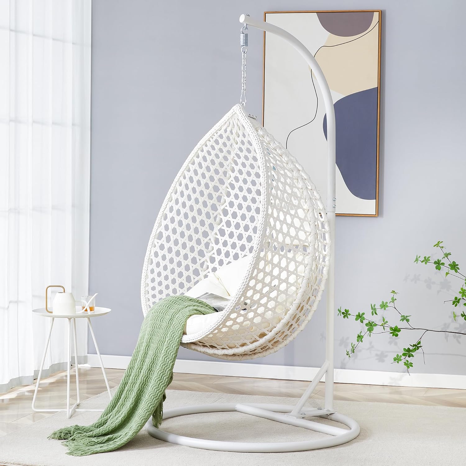 Egg Chair Indoor Outdoor, Hanging Chair for Bedroom, Swing Chair Hammock with Stand & Cushions, Comfy Swinging Adult Reading for Patio Balcony Backyard, Heavy Duty 350LBS, White