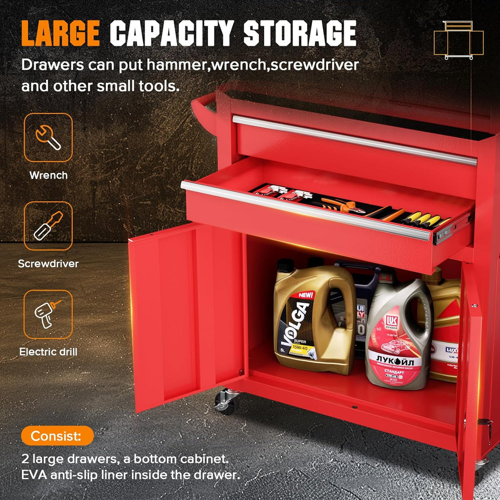 Crownland 8-Drawer Rolling Tool Chest with Wheels, Lockable 2 in 1 Detachable Tool Cabinet wit Drawers and Black Liners, Garage Top Toolbox & Bottom Storage Cart with Side Hooks(Red)