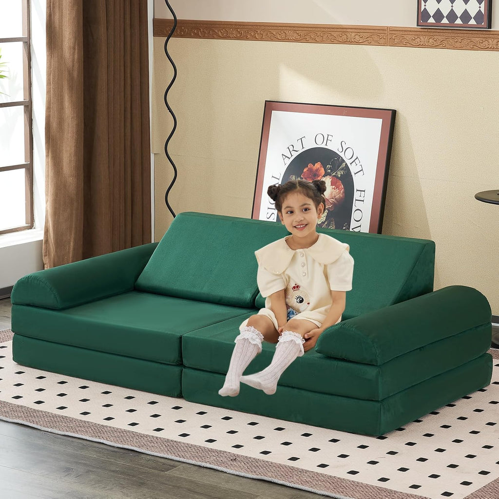 jela Kids Couch Safety Certified Play Couch Soft Kids Sofa with Machine Washable Cover Thick Foam Fort Building Set for Playroom Indoor (57'x28'x18', Pine Green)
