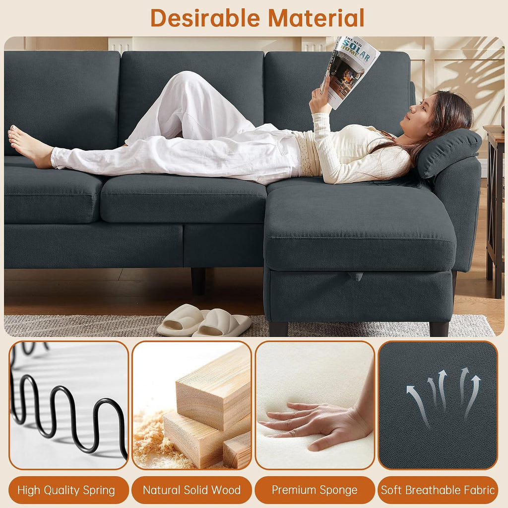 Convertible Sectional Sofa, Modern L Shaped 3-seat Sofa, 79' Linen Fabric Small Sectional Couch with Movable Ottoman, Couch for Small Spaces Living Room (Dark Grey)