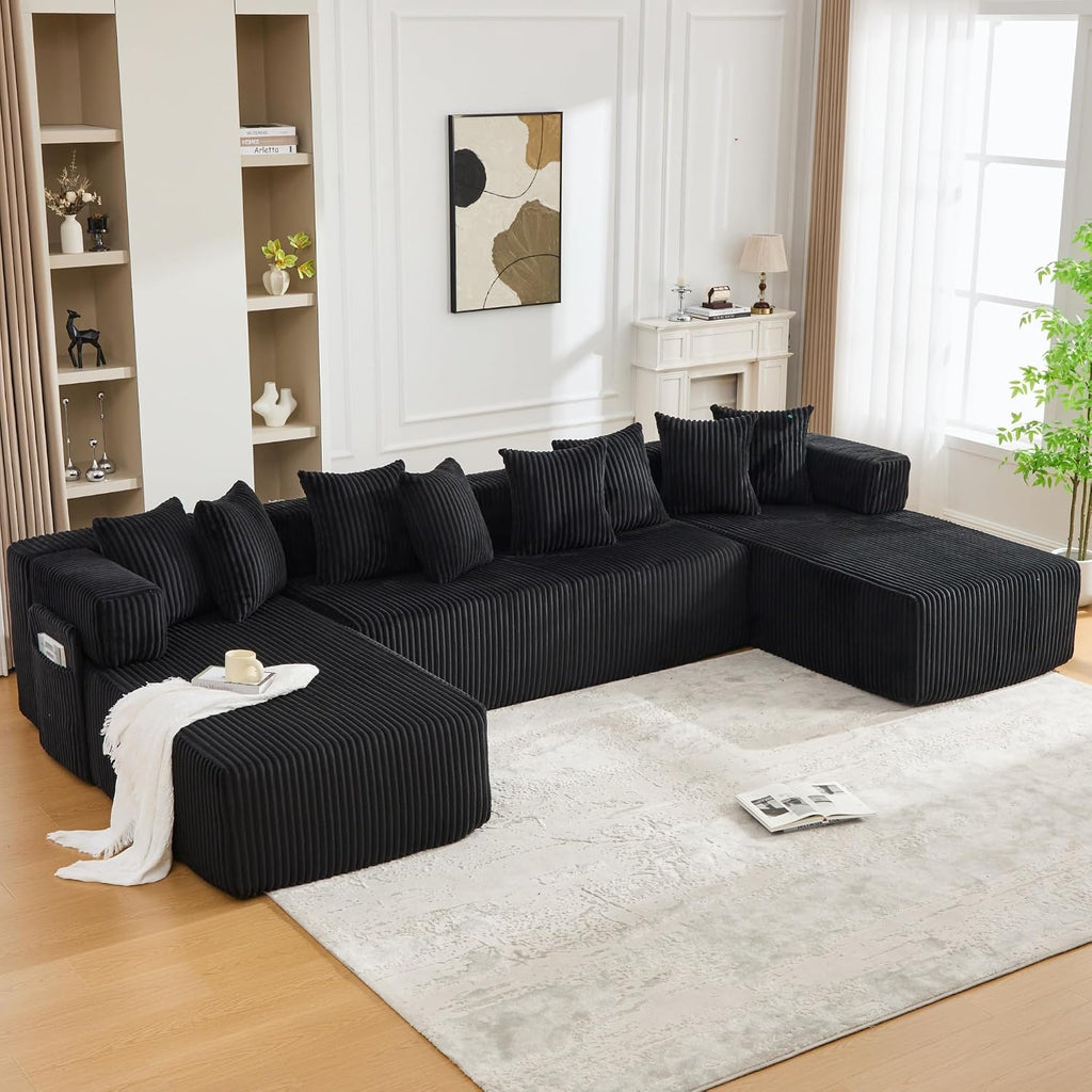 Oversized Cloud Boneless Couch with Chaise, 146' Modern U Shape Modular Deep Seat Sectional Sofa, Comfy Corduroy Upholstered Couches for Living Room, No Assembly Required-Black