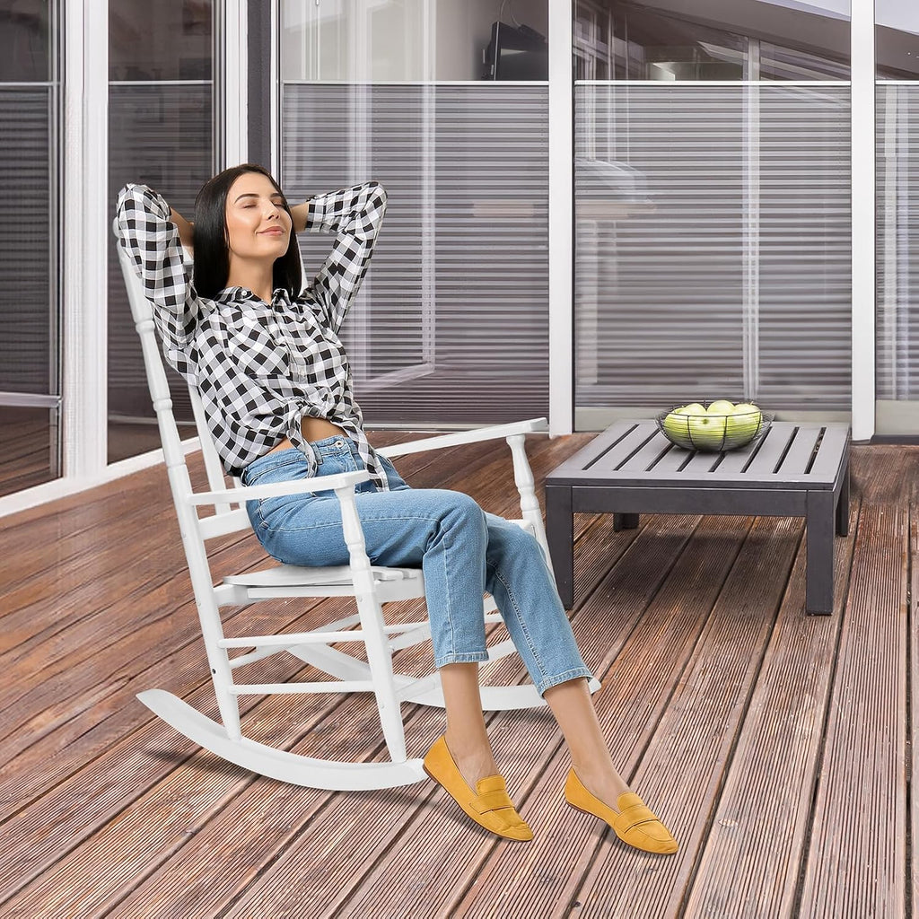 VINGLI Wooden Rocking Chair Outdoor Set of 2, Patio Rockers with High Back, Support 450 LBS Rocking Chairs, for Porch, Patio, Balcony, Garden, Yard (White, 2 PCS)