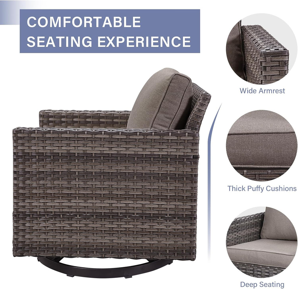 Rilyson Luxury Wicker Outdoor Patio Furniture Set of 5-5 Piece Patio Conversation Set with 2 Swivel Rocker Chairs,2 Rattan Ottoman and 1 Couch for Outside Porch Deck Backyard Garden(Mixed Grey/Beige)