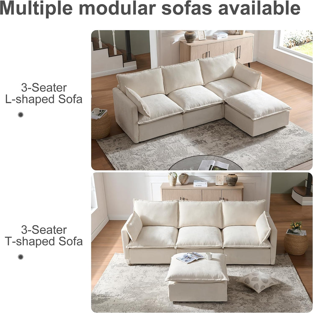 93.31' Inch L-Shaped Couch Sofa with Movable Ottoman, Modular Sectional Sofa with 4 Seats and Pillows for Living Room, Modern Chenille Fabric Large Comfy Cloud Couch DIY Combination (Beige-93inch)