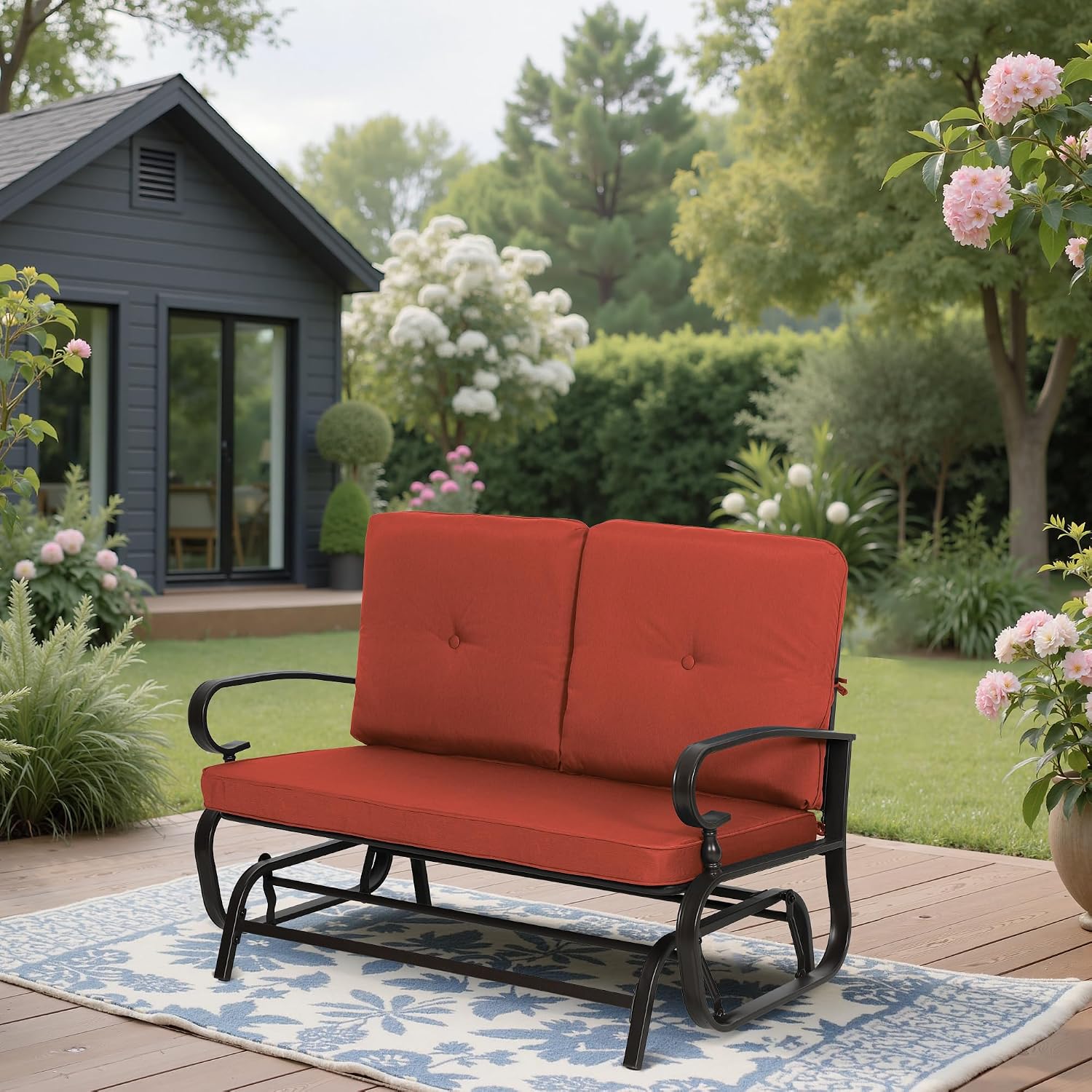 SUNCROWN Outdoor Swing Glider Chair, Patio 2 Seats Loveseat Rocking Chair with Cushions, Steel Frame Furniture-Red